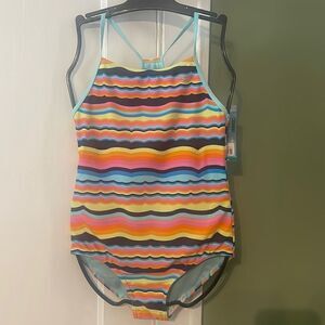 #17 Speedo youth bathing suit blue, orange, pink Medium 10 1 piece NWT Stripes